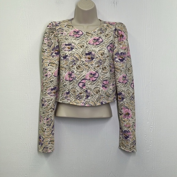 H&M - Purple & Pink Floral Cream Long Sleeve Crew Neck Crop Blouse Size Small - Picture 3 of 11